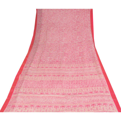 Sanskriti Vintage Sarees Pink/White Pure Cotton Printed Sari 5+yd Craft Sustainable Fabric