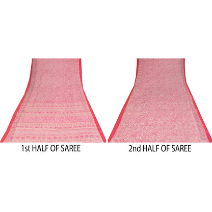 Sanskriti Vintage Sarees Pink/White Pure Cotton Printed Sari 5+yd Craft Sustainable Fabric