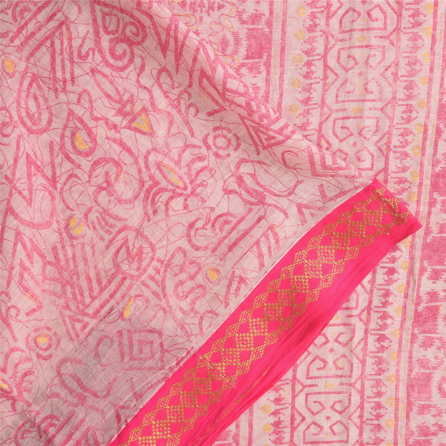 Sanskriti Vintage Sarees Pink/White Pure Cotton Printed Sari 5+yd Craft Sustainable Fabric