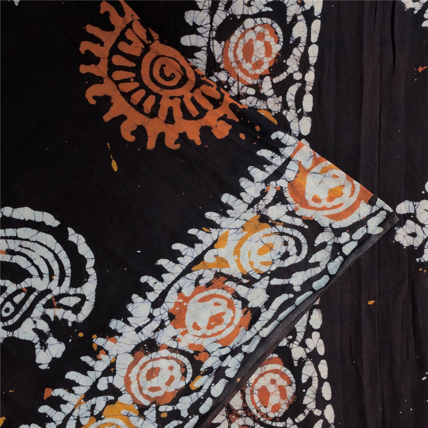 Sanskriti Vintage Sarees Orange/Brown Batik Work Pure Cotton Sari 5+yd Sustainable Fabric