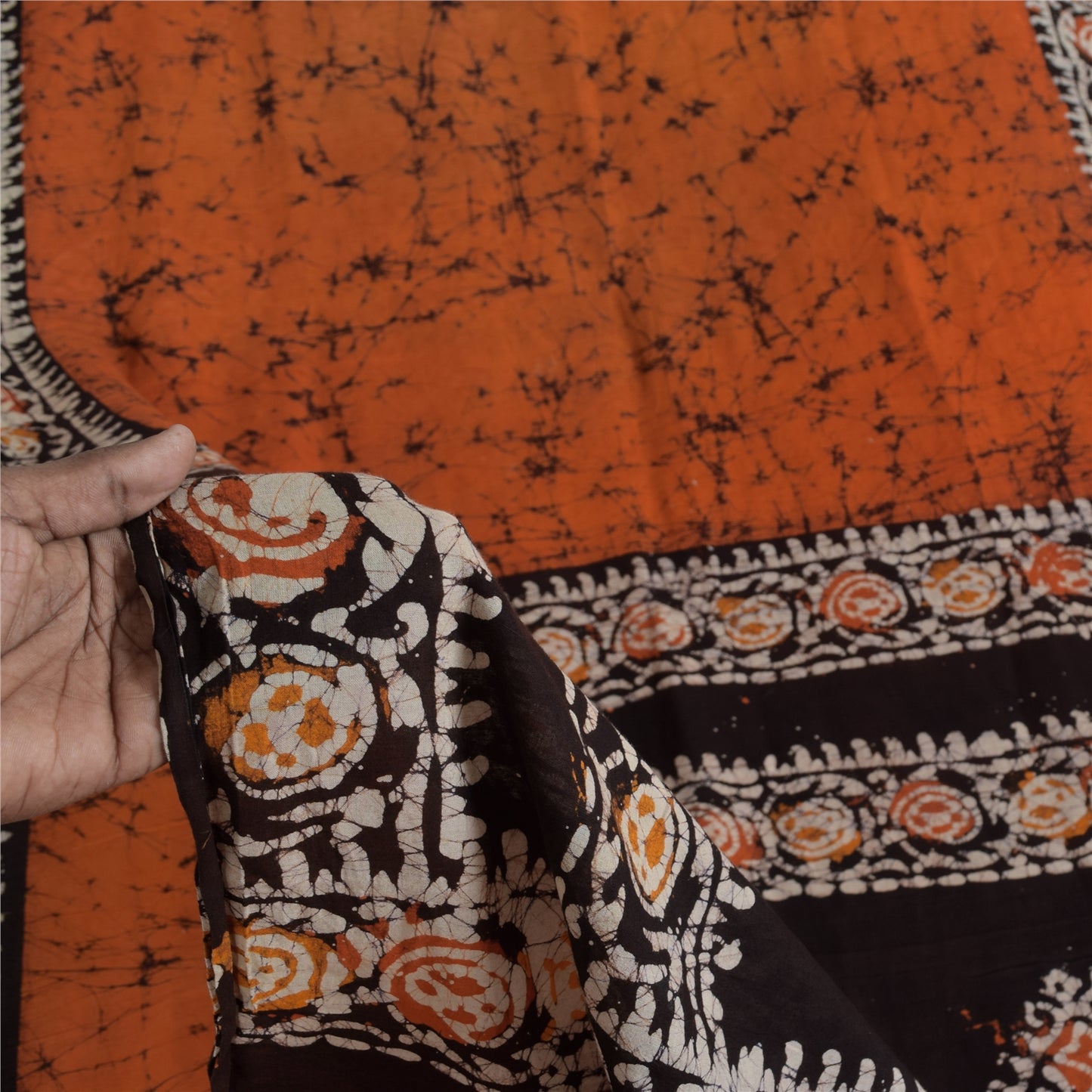 Sanskriti Vintage Sarees Orange/Brown Batik Work Pure Cotton Sari 5+yd Sustainable Fabric