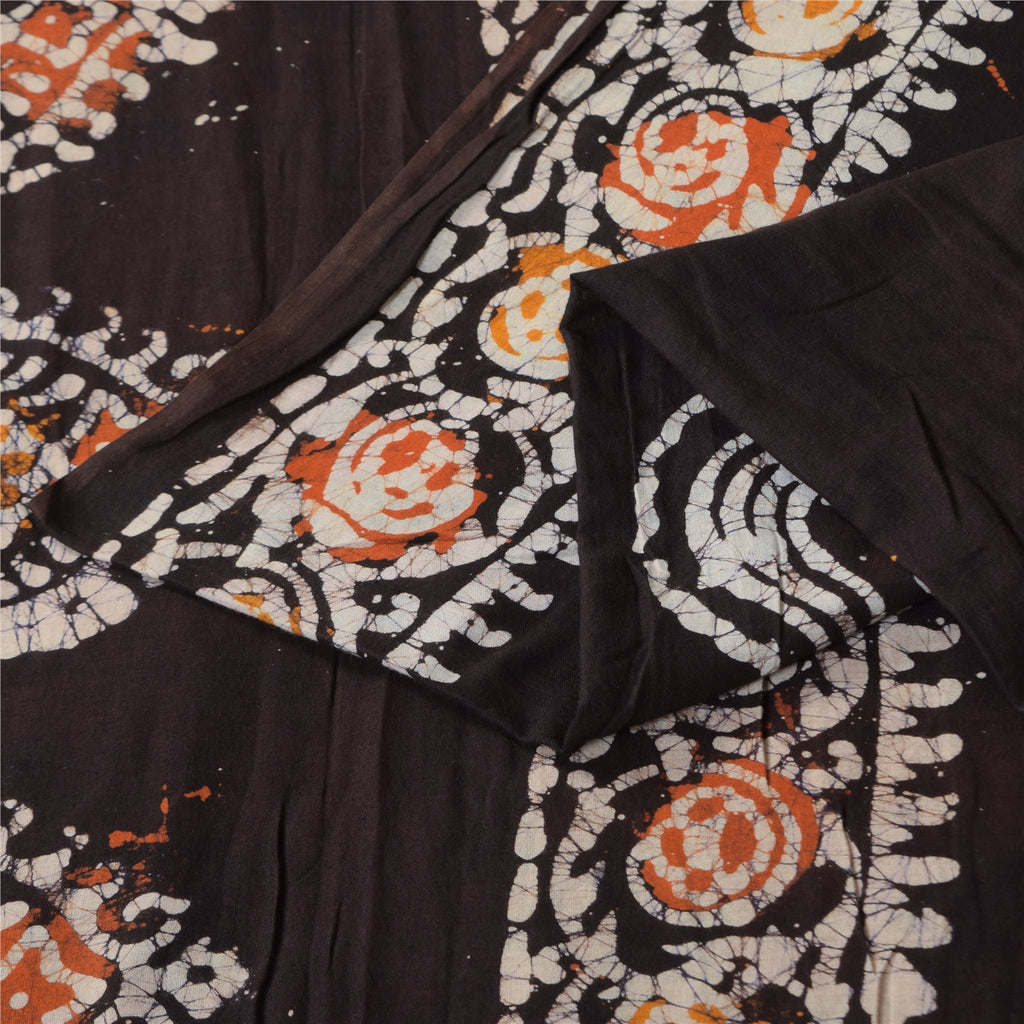 Sanskriti Vintage Sarees Orange/Brown Batik Work Pure Cotton Sari 5+yd Sustainable Fabric