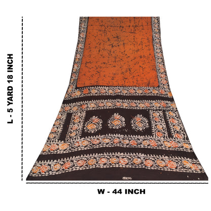 Sanskriti Vintage Sarees Orange/Brown Batik Work Pure Cotton Sari 5+yd Sustainable Fabric