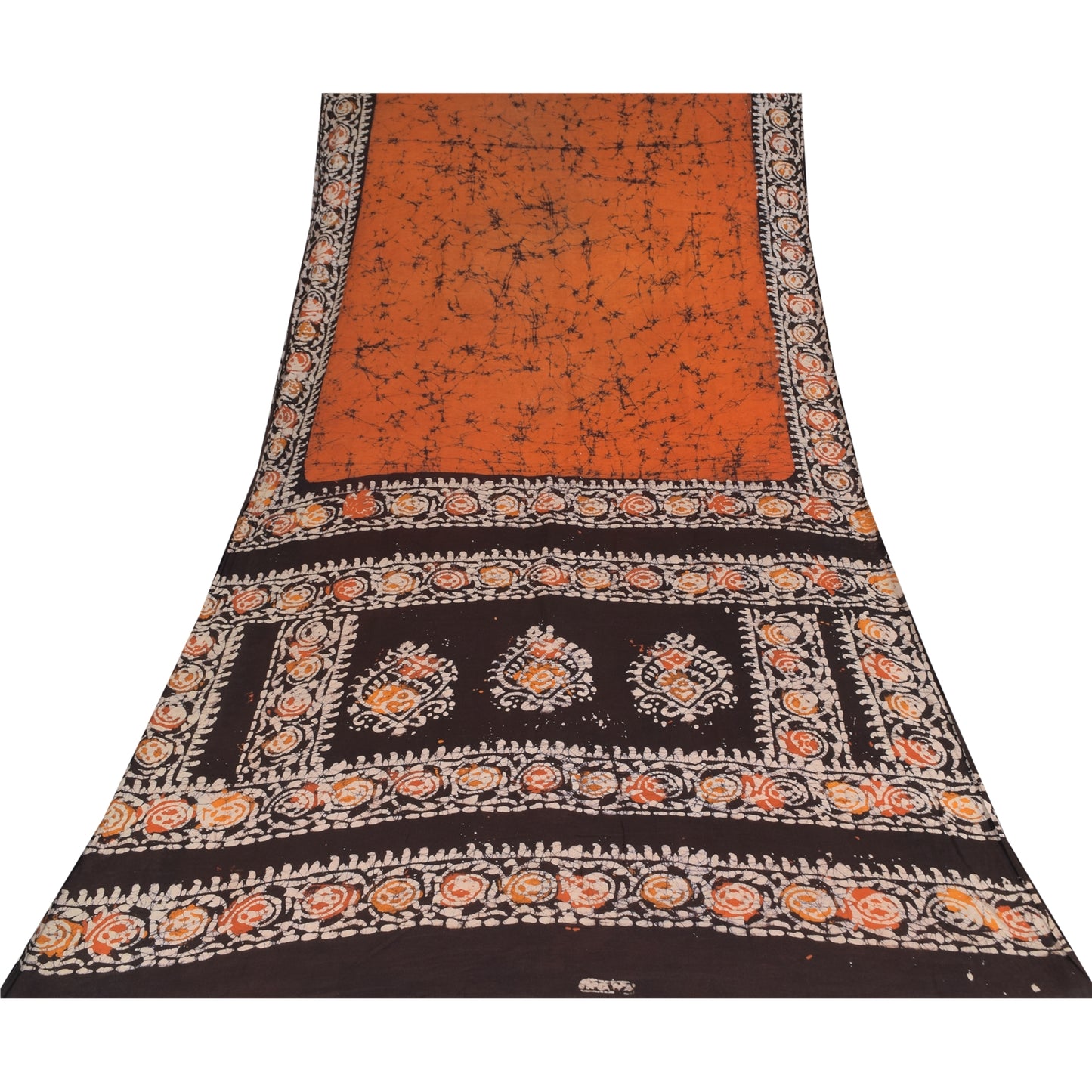 Sanskriti Vintage Sarees Orange/Brown Batik Work Pure Cotton Sari 5+yd Sustainable Fabric