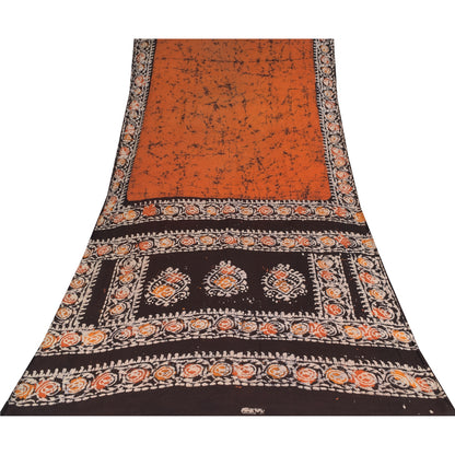 Sanskriti Vintage Sarees Orange/Brown Batik Work Pure Cotton Sari 5+yd Sustainable Fabric