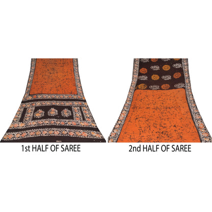 Sanskriti Vintage Sarees Orange/Brown Batik Work Pure Cotton Sari 5+yd Sustainable Fabric