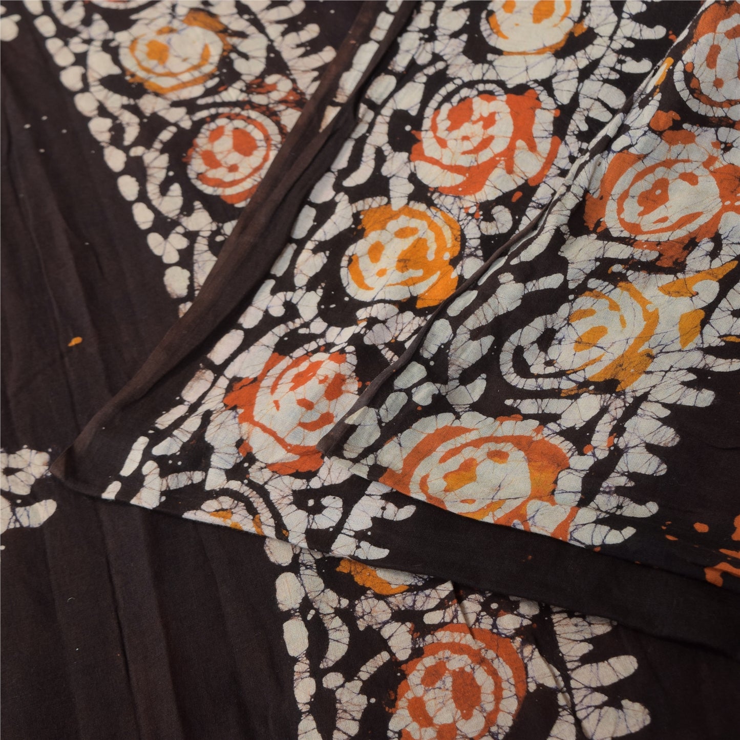 Sanskriti Vintage Sarees Orange/Brown Batik Work Pure Cotton Sari 5+yd Sustainable Fabric