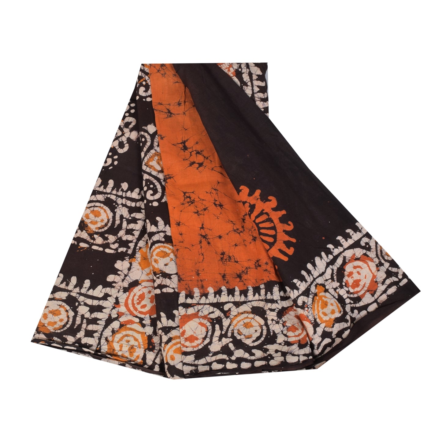 Sanskriti Vintage Sarees Orange/Brown Batik Work Pure Cotton Sari 5+yd Sustainable Fabric
