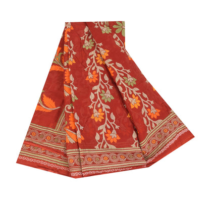 Sanskriti Vintage Sarees Indian Red Pure Cotton Printed Sari 5+yd Craft Fabric