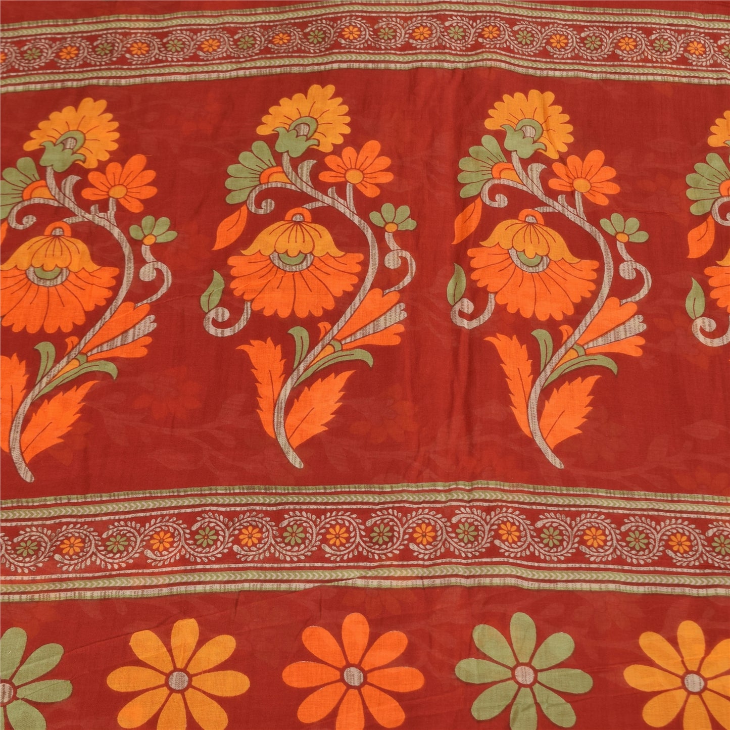 Sanskriti Vintage Sarees Indian Red Pure Cotton Printed Sari 5+yd Craft Fabric
