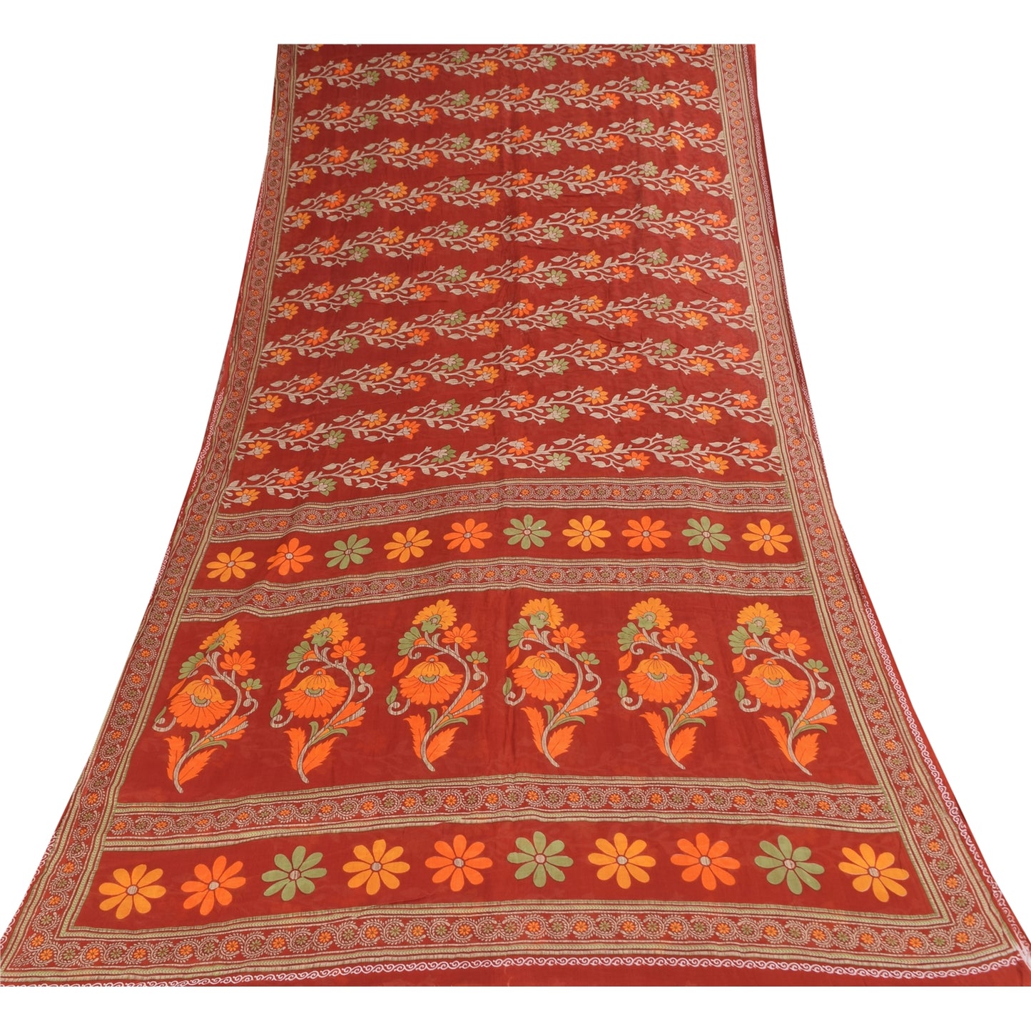 Sanskriti Vintage Sarees Indian Red Pure Cotton Printed Sari 5+yd Craft Fabric