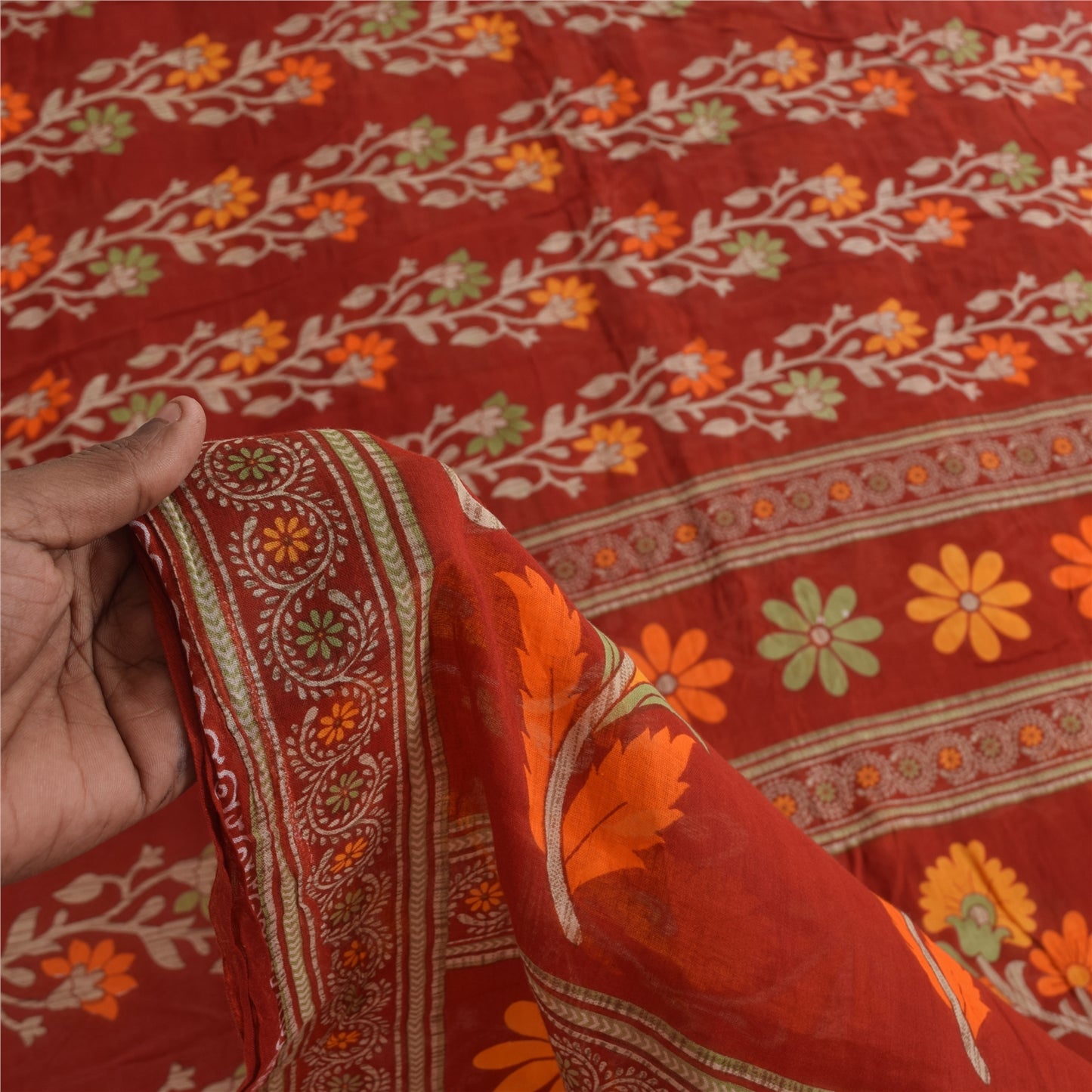 Sanskriti Vintage Sarees Indian Red Pure Cotton Printed Sari 5+yd Craft Fabric