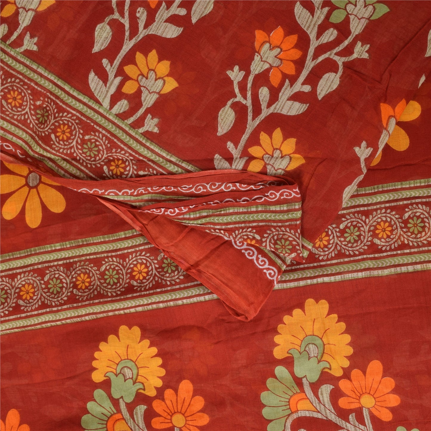 Sanskriti Vintage Sarees Indian Red Pure Cotton Printed Sari 5+yd Craft Fabric