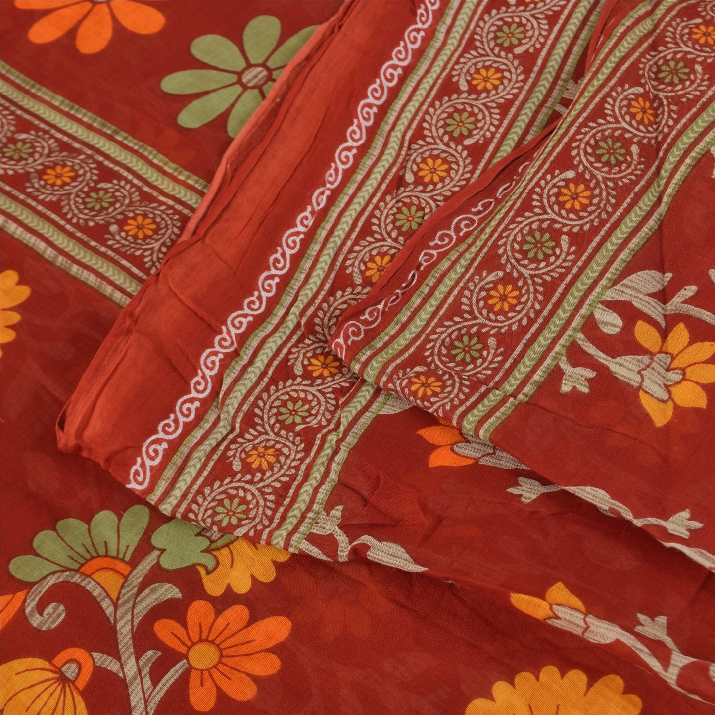 Sanskriti Vintage Sarees Indian Red Pure Cotton Printed Sari 5+yd Craft Fabric