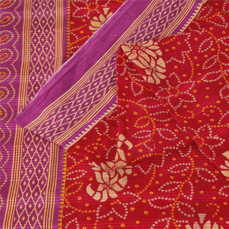 Sanskriti Vintage Red Pure Cotton Saree Bandhani Printed Sari 5+Yd Craft Fabric Sustainable Fabric