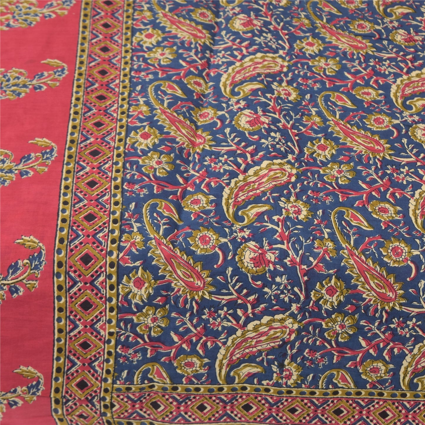 Sanskriti Vintage Sarees Indian Blue Pure Cotton Printed Sari 5+yd Craft Sustainable Fabric