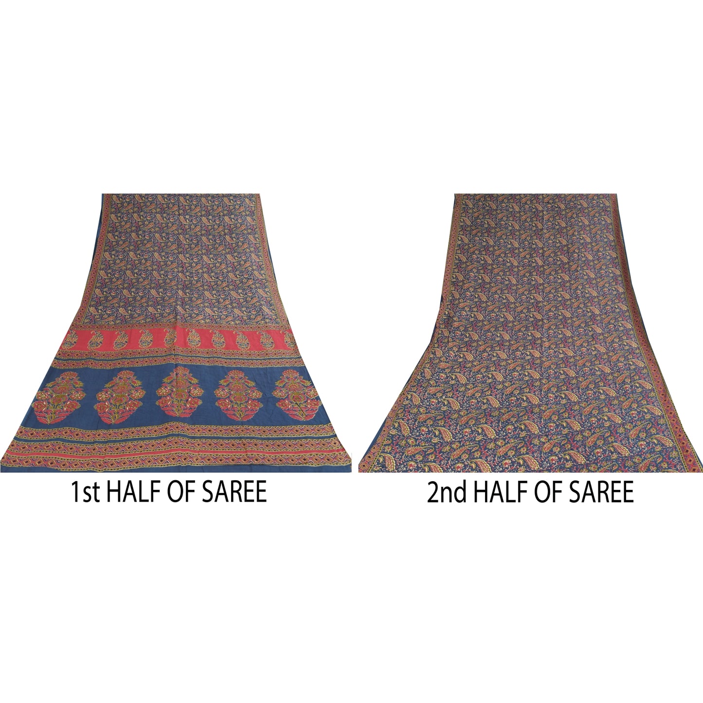 Sanskriti Vintage Sarees Indian Blue Pure Cotton Printed Sari 5+yd Craft Sustainable Fabric