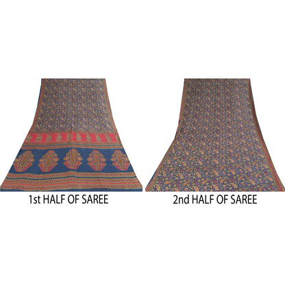 Sanskriti Vintage Sarees Indian Blue Pure Cotton Printed Sari 5+yd Craft Sustainable Fabric