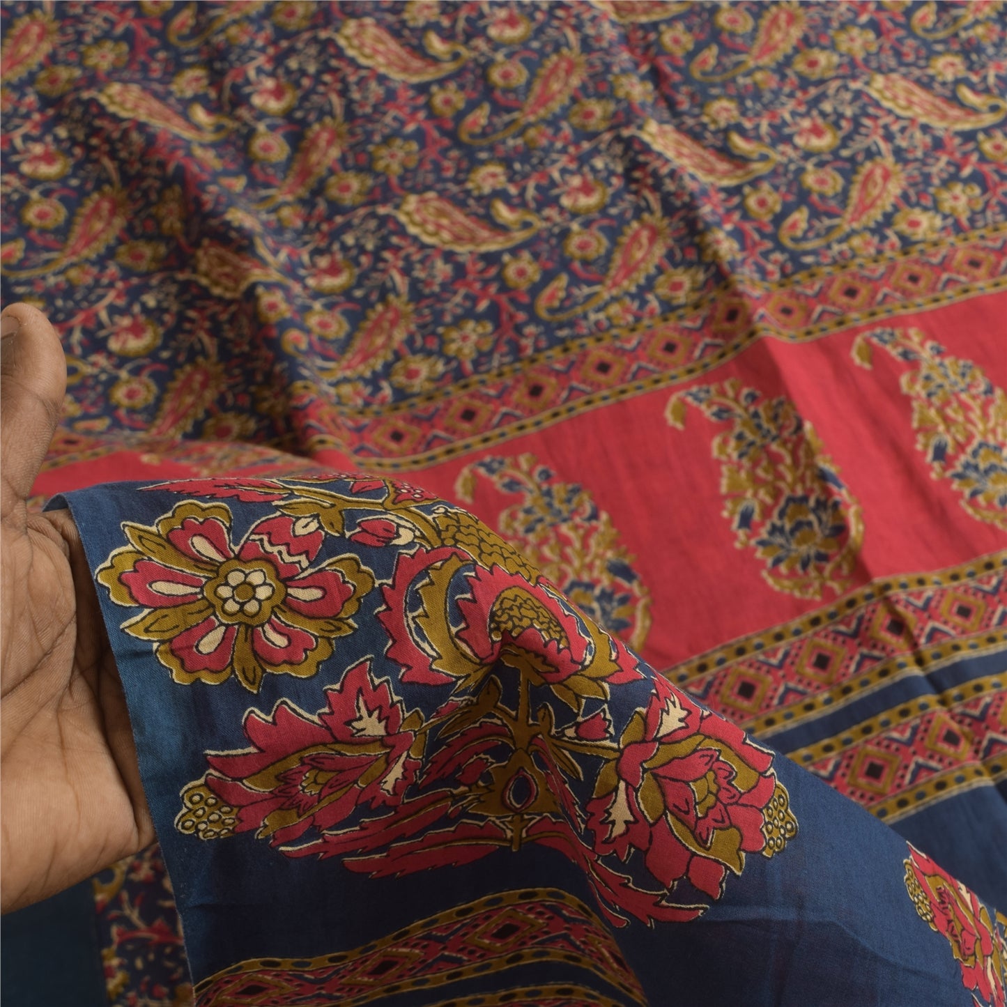 Sanskriti Vintage Sarees Indian Blue Pure Cotton Printed Sari 5+yd Craft Sustainable Fabric