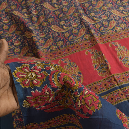 Sanskriti Vintage Sarees Indian Blue Pure Cotton Printed Sari 5+yd Craft Sustainable Fabric
