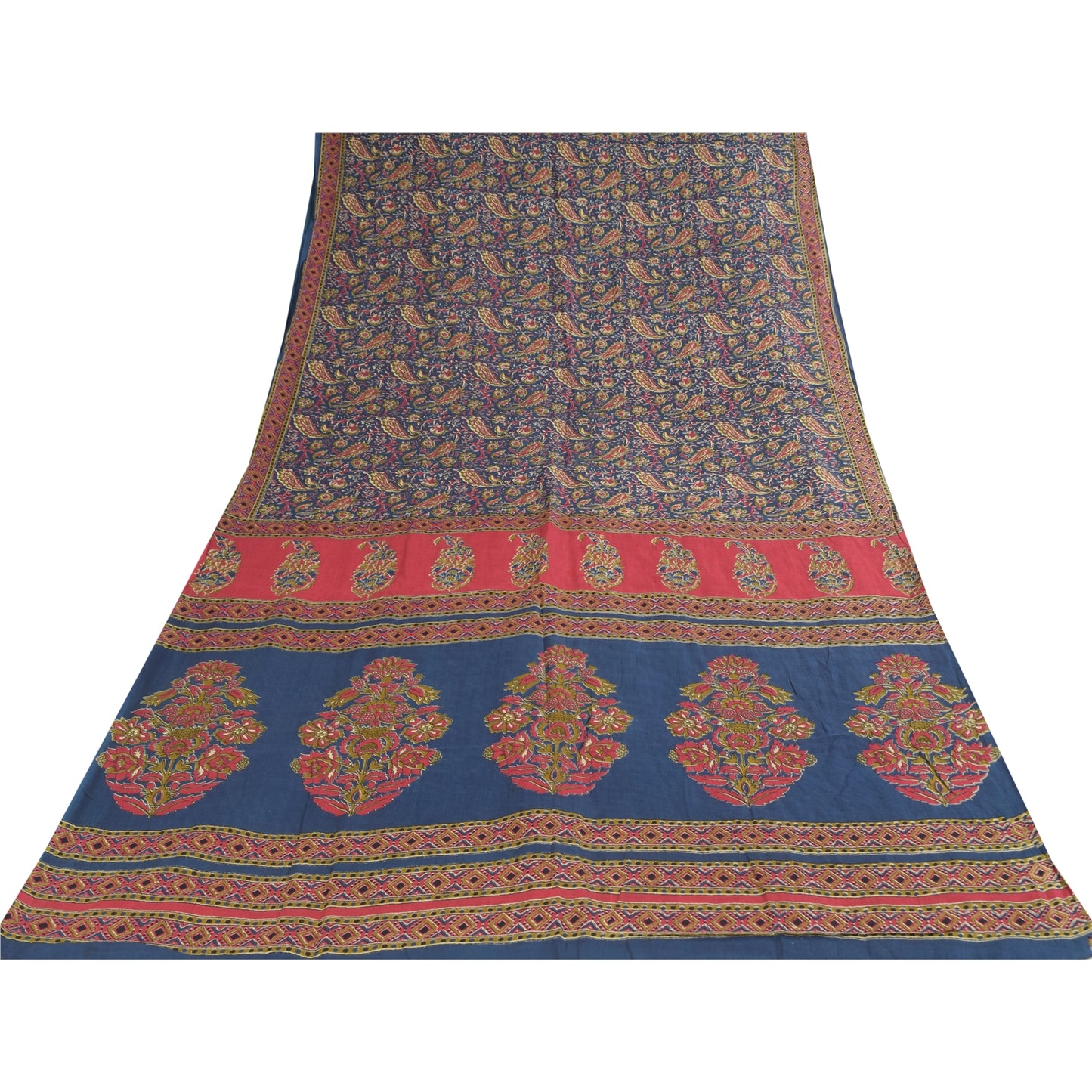 Sanskriti Vintage Sarees Indian Blue Pure Cotton Printed Sari 5+yd Craft Sustainable Fabric