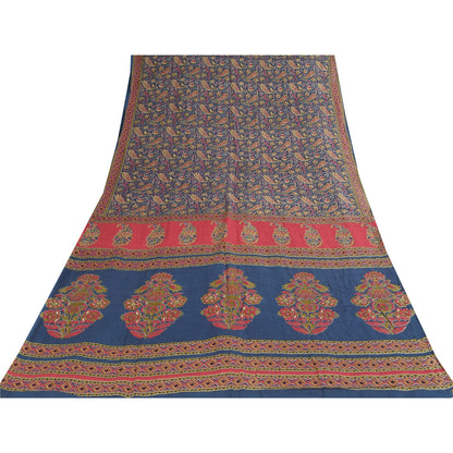 Sanskriti Vintage Sarees Indian Blue Pure Cotton Printed Sari 5+yd Craft Sustainable Fabric