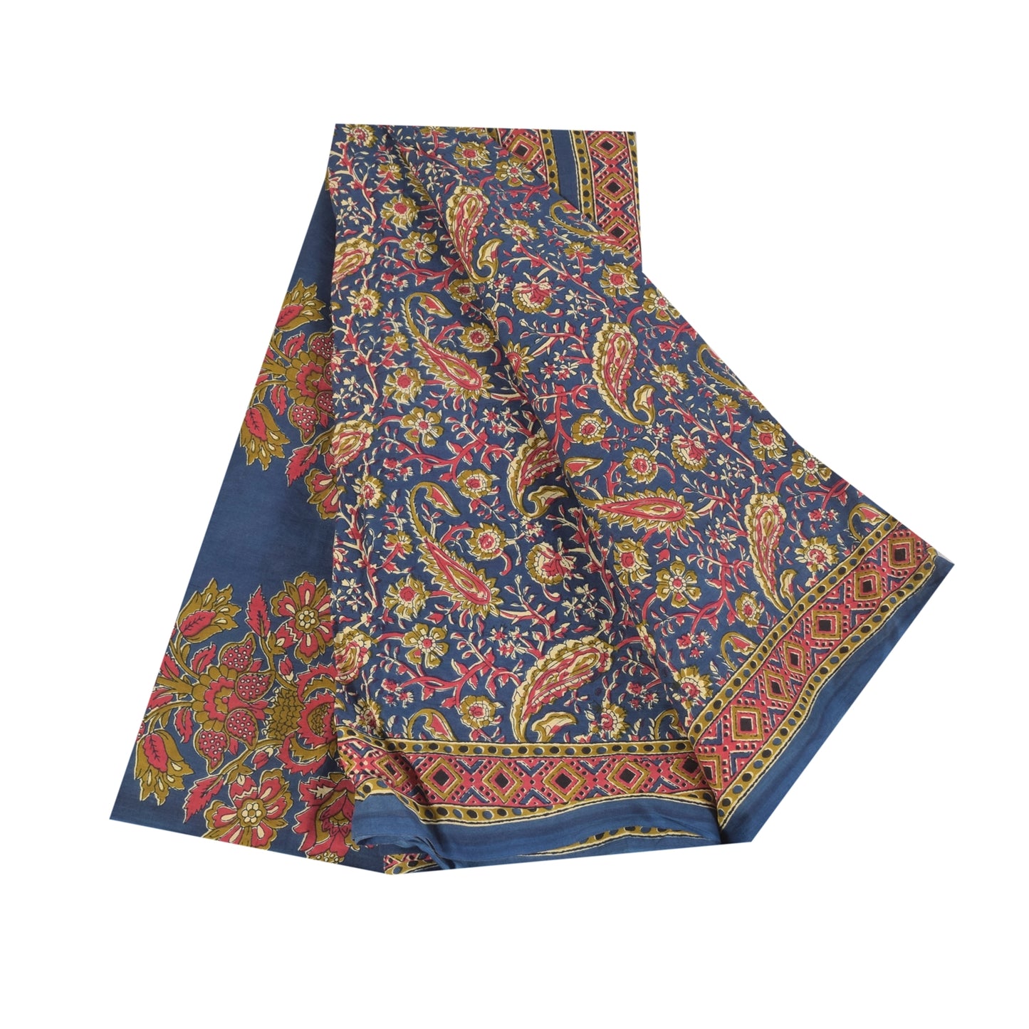 Sanskriti Vintage Sarees Indian Blue Pure Cotton Printed Sari 5+yd Craft Sustainable Fabric