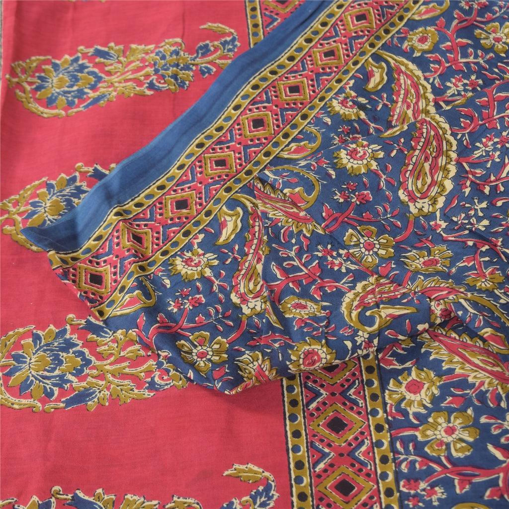 Sanskriti Vintage Sarees Indian Blue Pure Cotton Printed Sari 5+yd Craft Sustainable Fabric