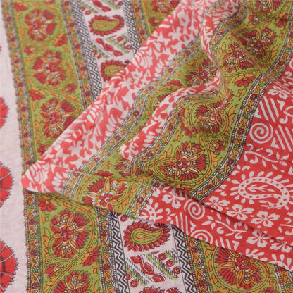 Sanskriti Vintage Sarees Indian Red Pure Cotton Printed Sari 5+yd Craft Sustainable Fabric