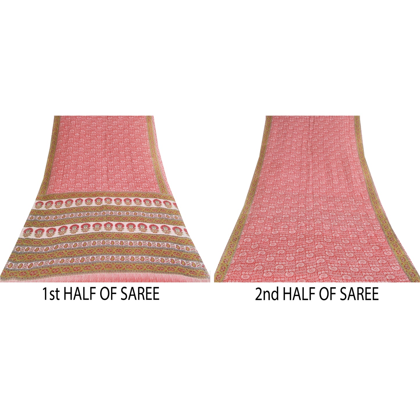 Sanskriti Vintage Sarees Indian Red Pure Cotton Printed Sari 5+yd Craft Sustainable Fabric