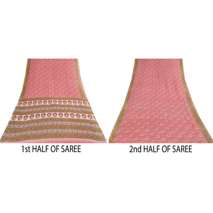 Sanskriti Vintage Sarees Indian Red Pure Cotton Printed Sari 5+yd Craft Sustainable Fabric