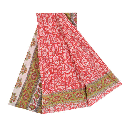 Sanskriti Vintage Sarees Indian Red Pure Cotton Printed Sari 5+yd Craft Sustainable Fabric