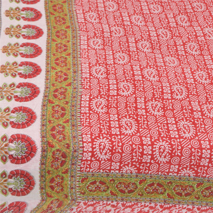 Sanskriti Vintage Sarees Indian Red Pure Cotton Printed Sari 5+yd Craft Sustainable Fabric