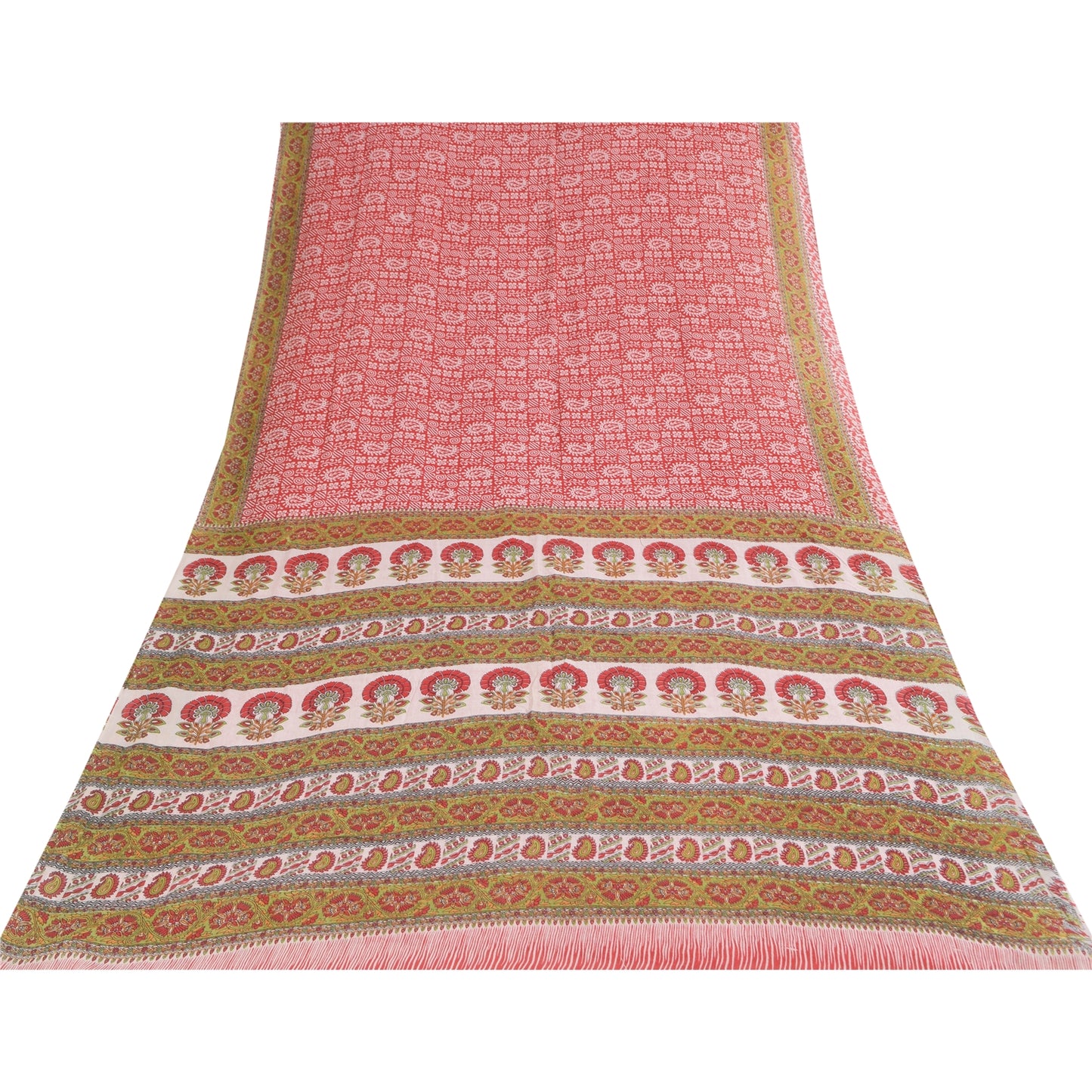 Sanskriti Vintage Sarees Indian Red Pure Cotton Printed Sari 5+yd Craft Sustainable Fabric