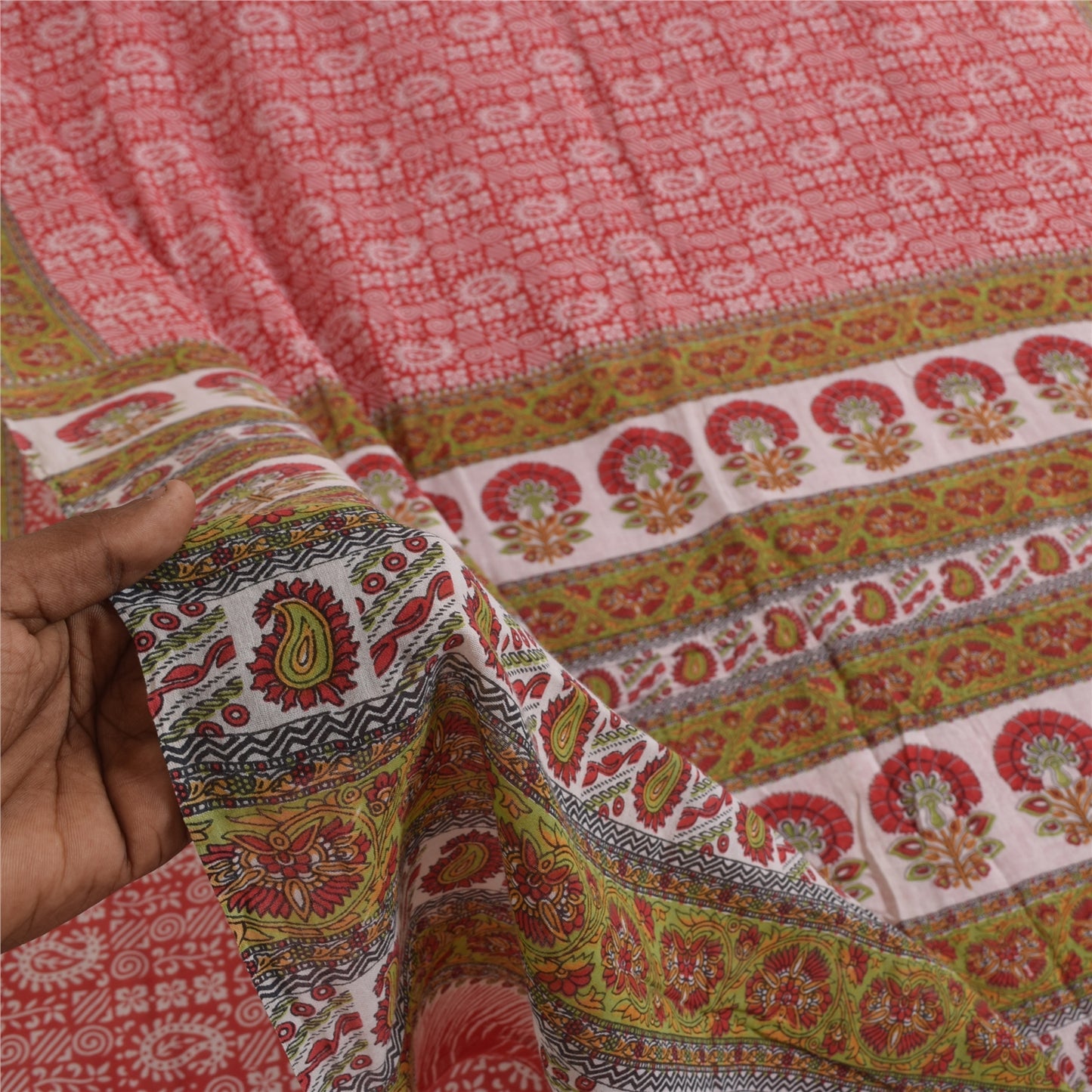 Sanskriti Vintage Sarees Indian Red Pure Cotton Printed Sari 5+yd Craft Sustainable Fabric