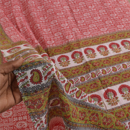 Sanskriti Vintage Sarees Indian Red Pure Cotton Printed Sari 5+yd Craft Sustainable Fabric