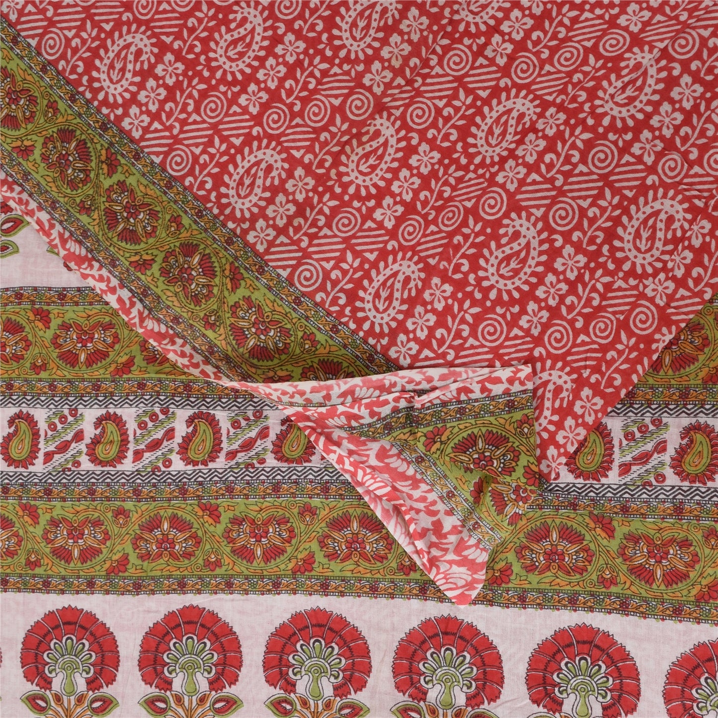 Sanskriti Vintage Sarees Indian Red Pure Cotton Printed Sari 5+yd Craft Sustainable Fabric