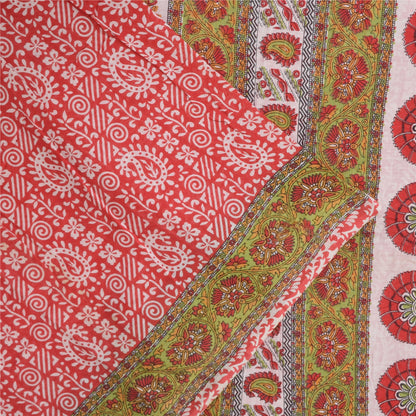 Sanskriti Vintage Sarees Indian Red Pure Cotton Printed Sari 5+yd Craft Sustainable Fabric
