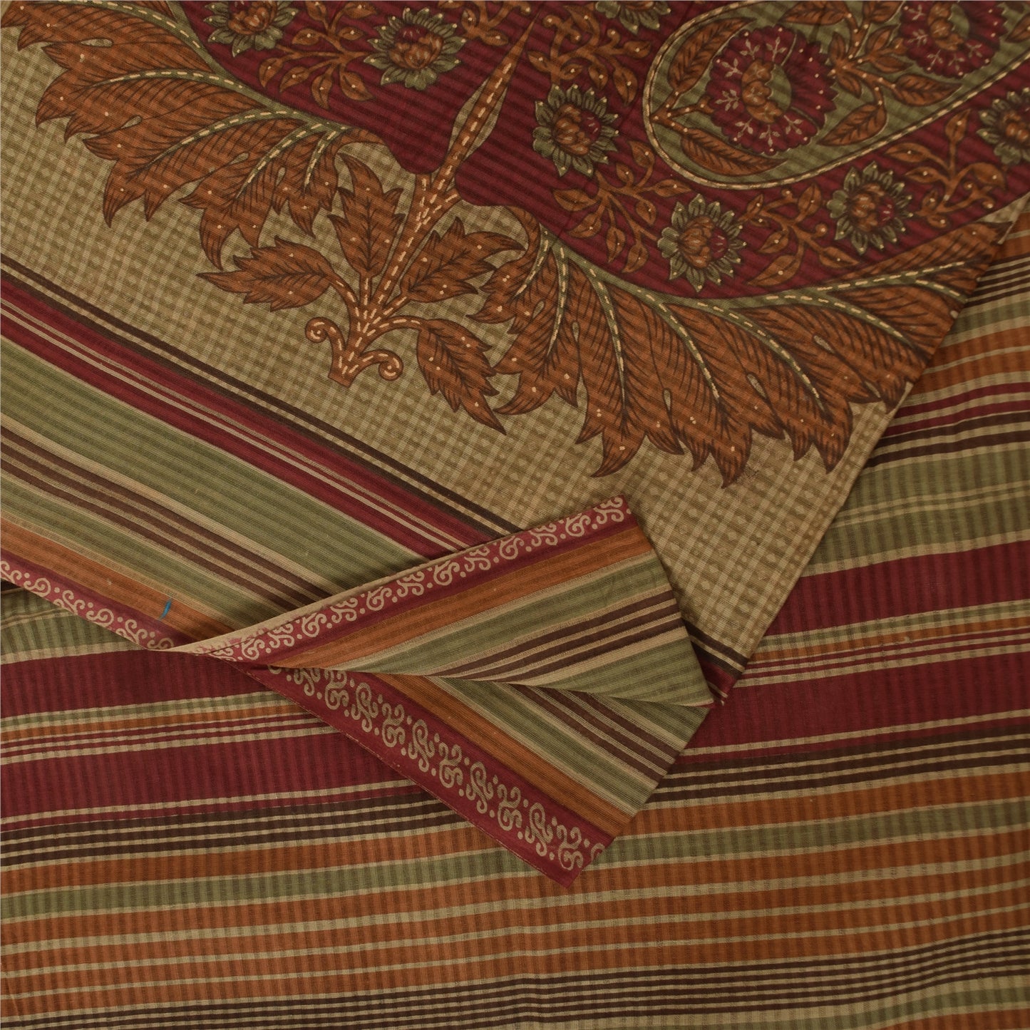 Sanskriti Vintage Sarees Beige 100% Pure Cotton Printed Sari 5+yd Craft Sustainable Fabric