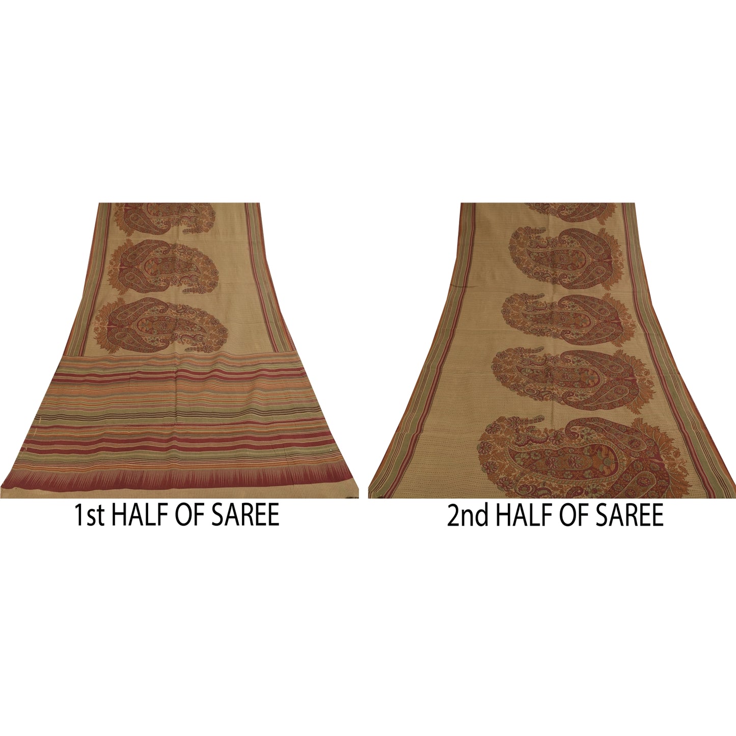 Sanskriti Vintage Sarees Beige 100% Pure Cotton Printed Sari 5+yd Craft Sustainable Fabric