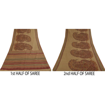 Sanskriti Vintage Sarees Beige 100% Pure Cotton Printed Sari 5+yd Craft Sustainable Fabric