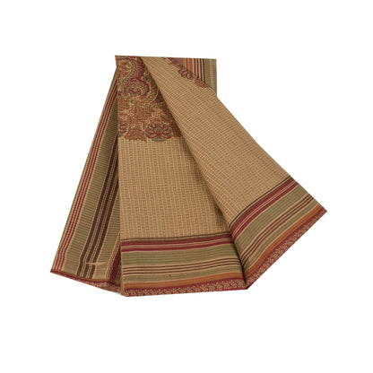 Sanskriti Vintage Sarees Beige 100% Pure Cotton Printed Sari 5+yd Craft Sustainable Fabric