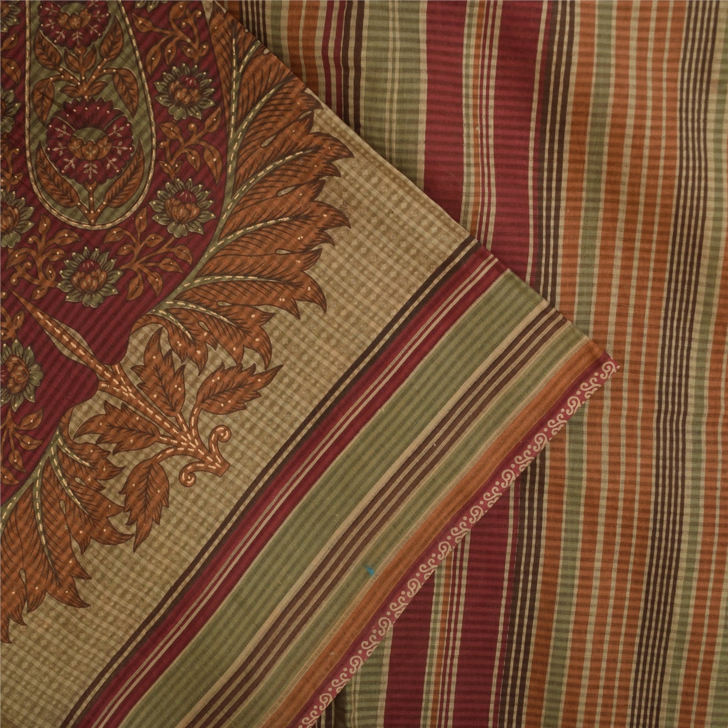 Sanskriti Vintage Sarees Beige 100% Pure Cotton Printed Sari 5+yd Craft Sustainable Fabric