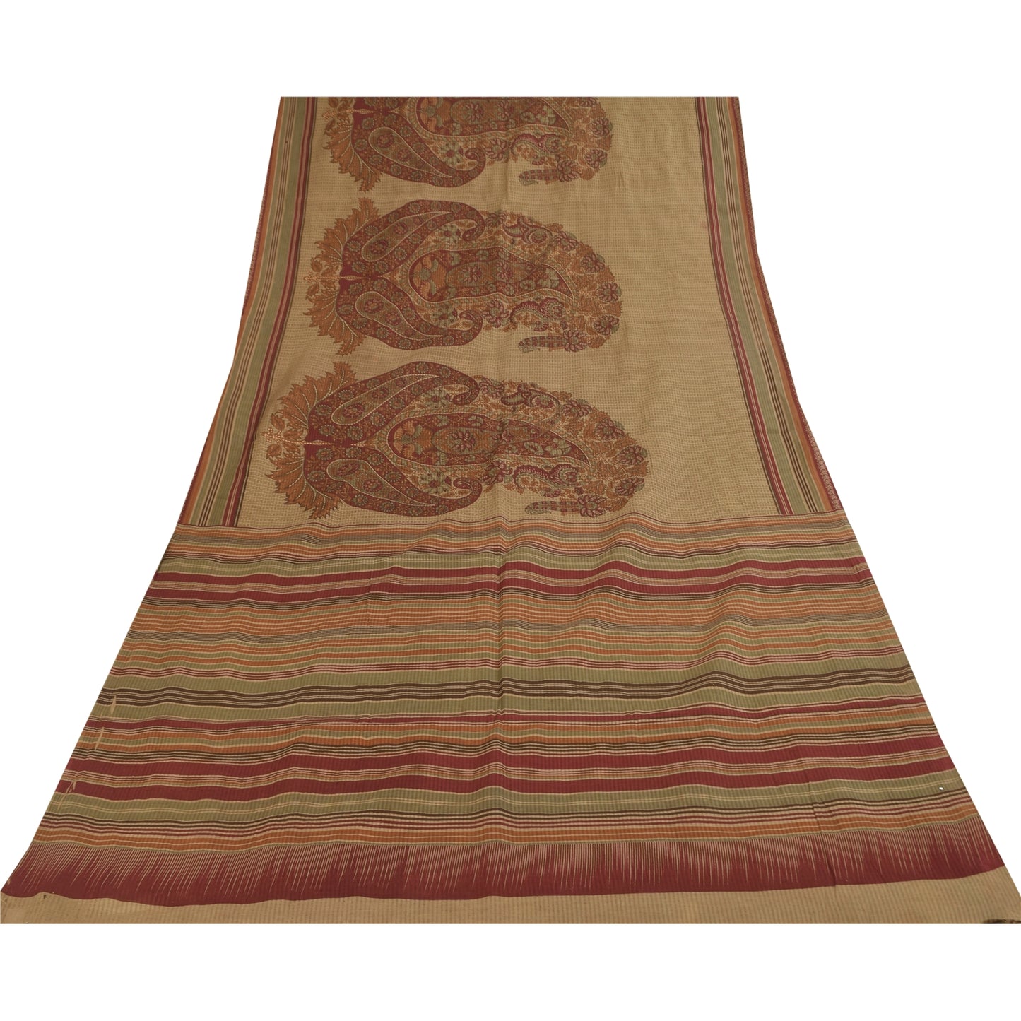 Sanskriti Vintage Sarees Beige 100% Pure Cotton Printed Sari 5+yd Craft Sustainable Fabric