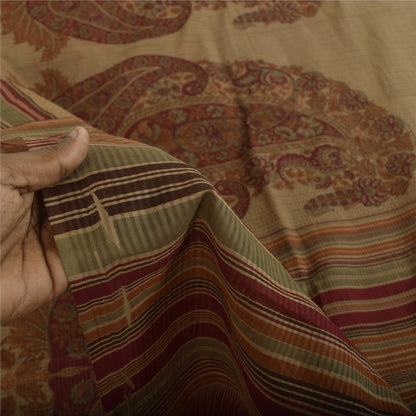 Sanskriti Vintage Sarees Beige 100% Pure Cotton Printed Sari 5+yd Craft Sustainable Fabric