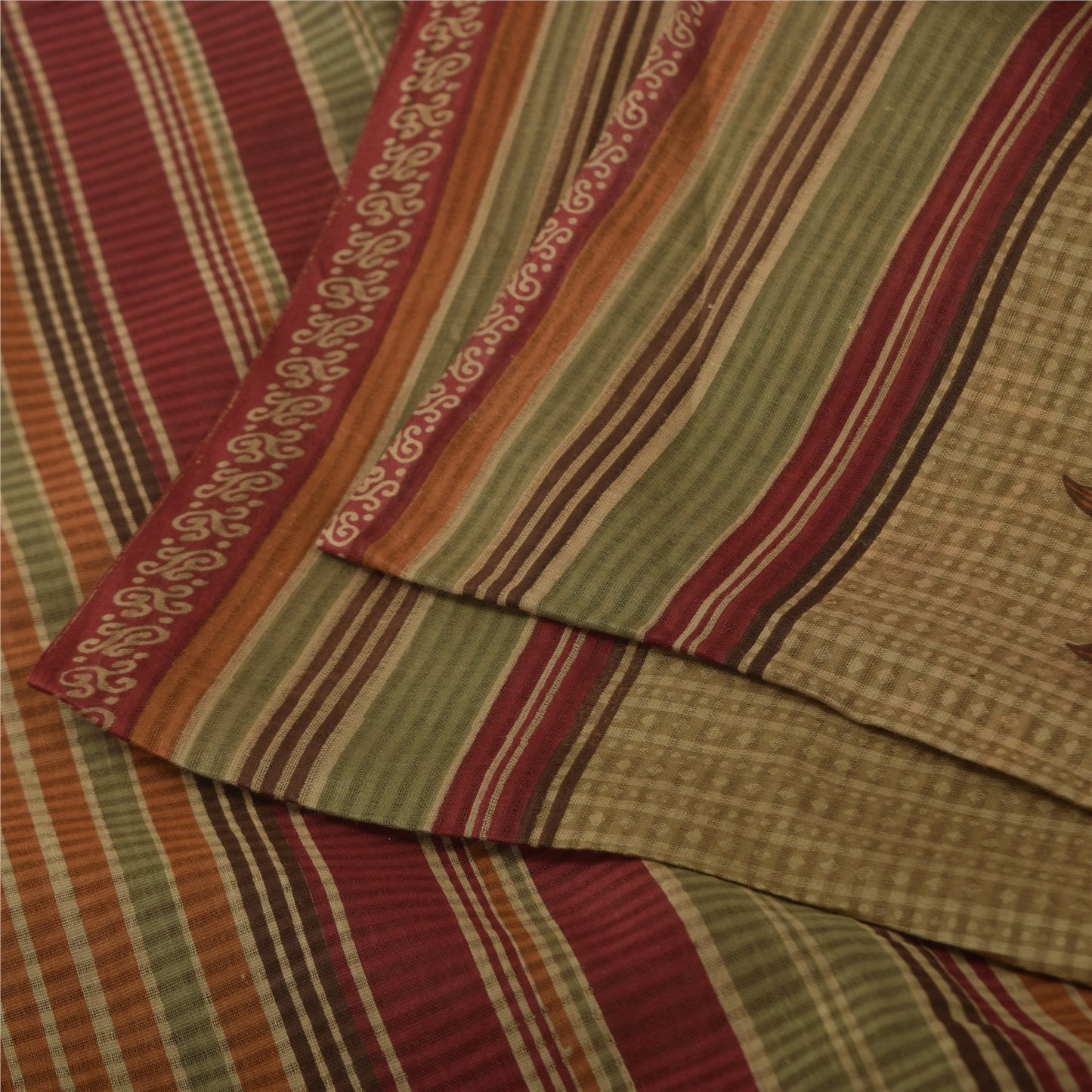 Sanskriti Vintage Sarees Beige 100% Pure Cotton Printed Sari 5+yd Craft Sustainable Fabric
