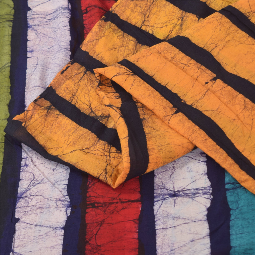 Sanskriti Vintage Sarier Blå &amp; Gule Sari i Ren Bomuld, Batikarbejde, 5+ yards Bæredygtigt Stof