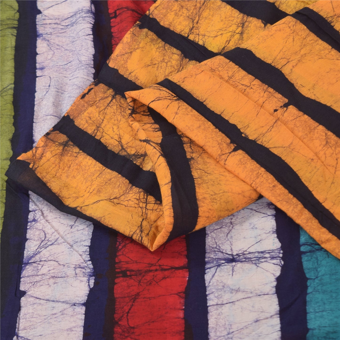 Sanskriti Vintage Sarier Blå &amp; Gule Sari i Ren Bomuld, Batikarbejde, 5+ yards Bæredygtigt Stof