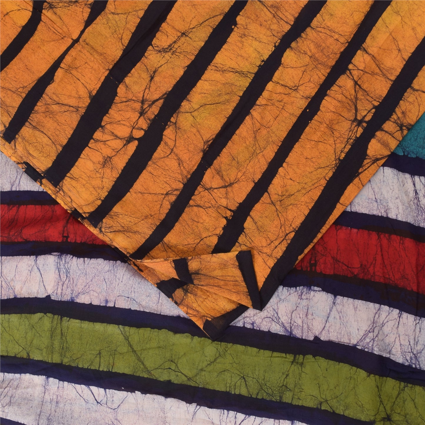 Sanskriti Vintage Sarier Blå &amp; Gule Sari i Ren Bomuld, Batikarbejde, 5+ yards Bæredygtigt Stof