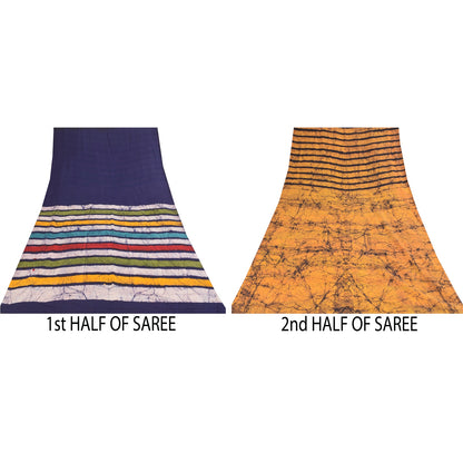 Sanskriti Vintage Sarier Blå &amp; Gule Sari i Ren Bomuld, Batikarbejde, 5+ yards Bæredygtigt Stof